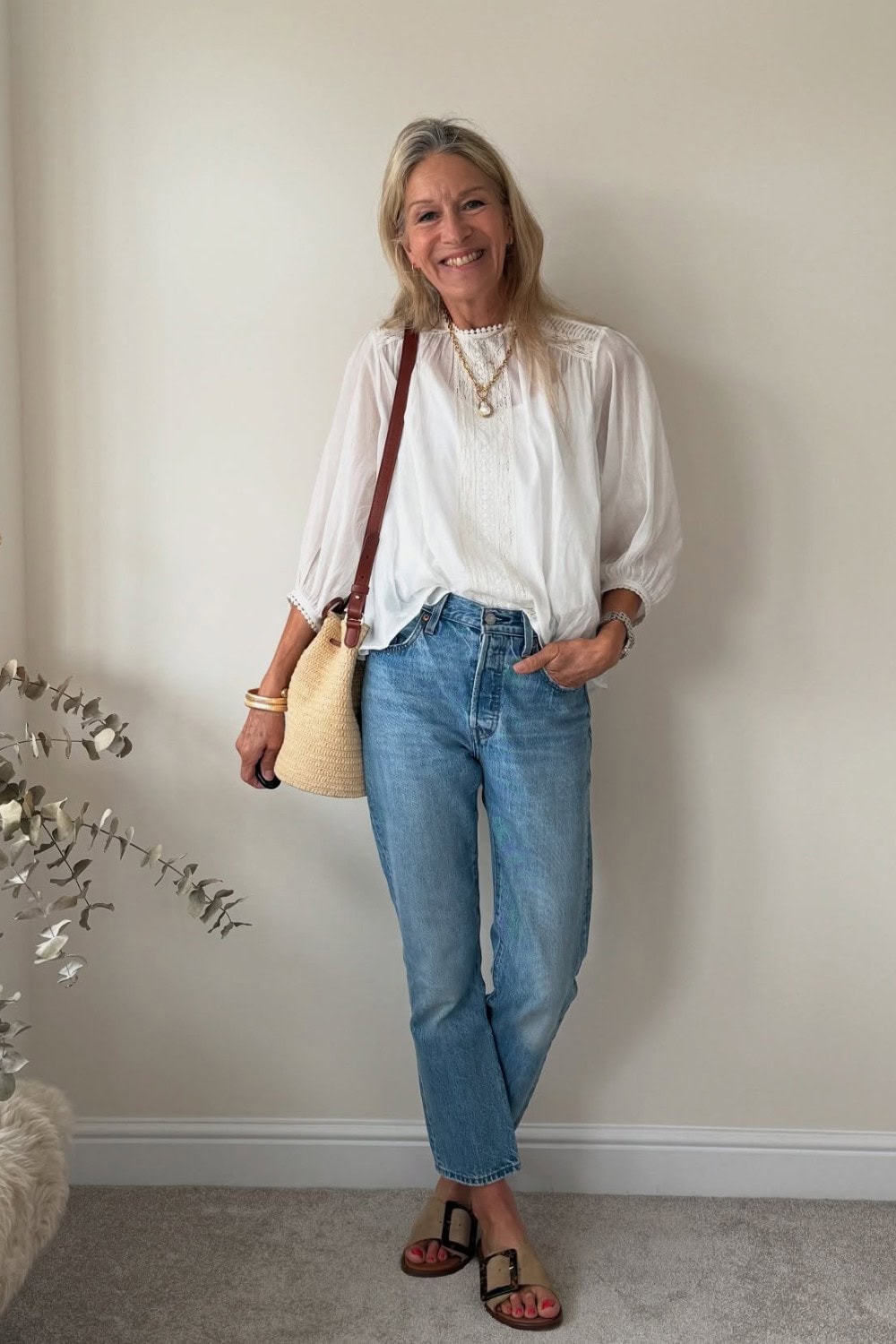 White Peasant Blouse and Light-Wash Jeans
