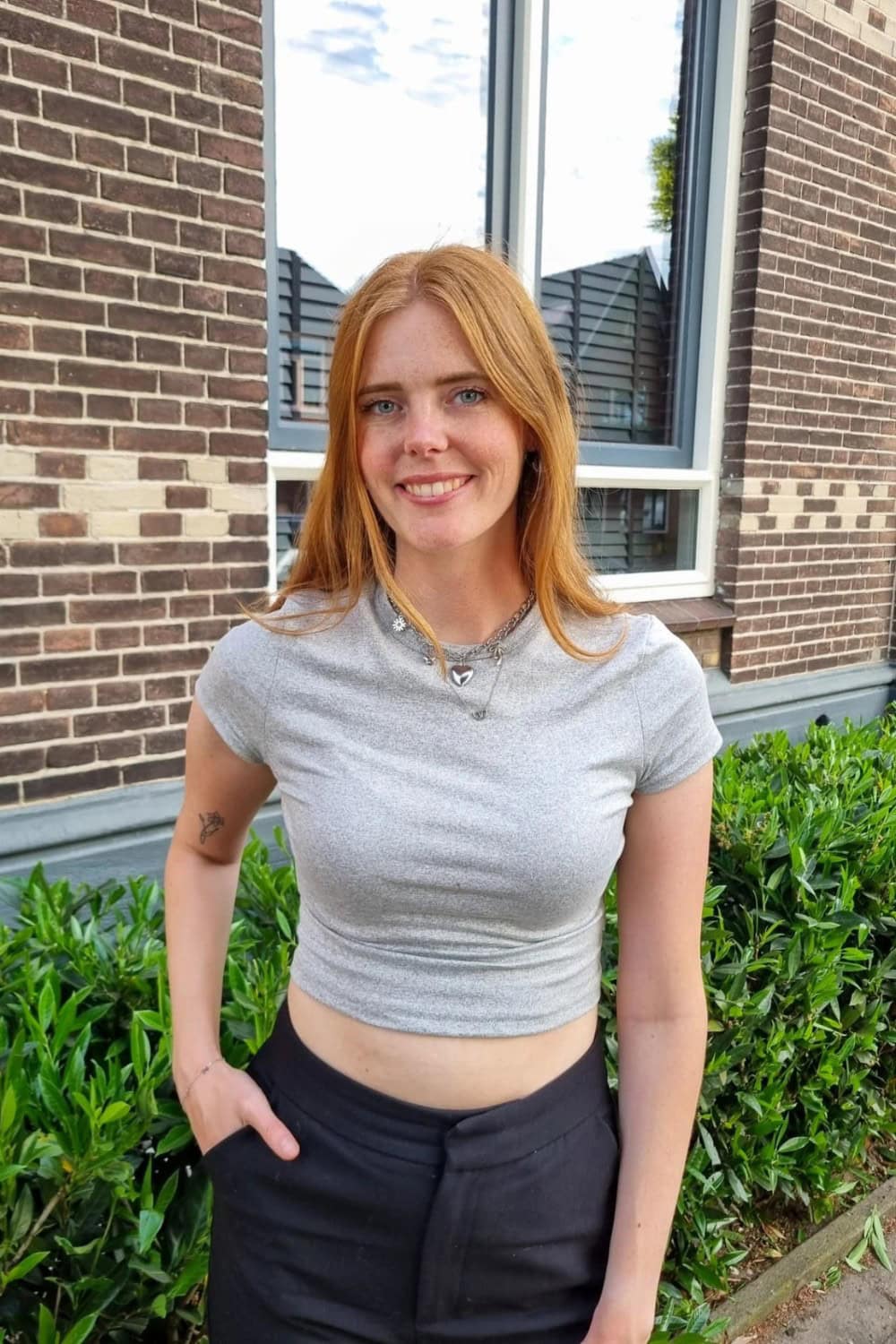 Gray Crop Top and Black Pants