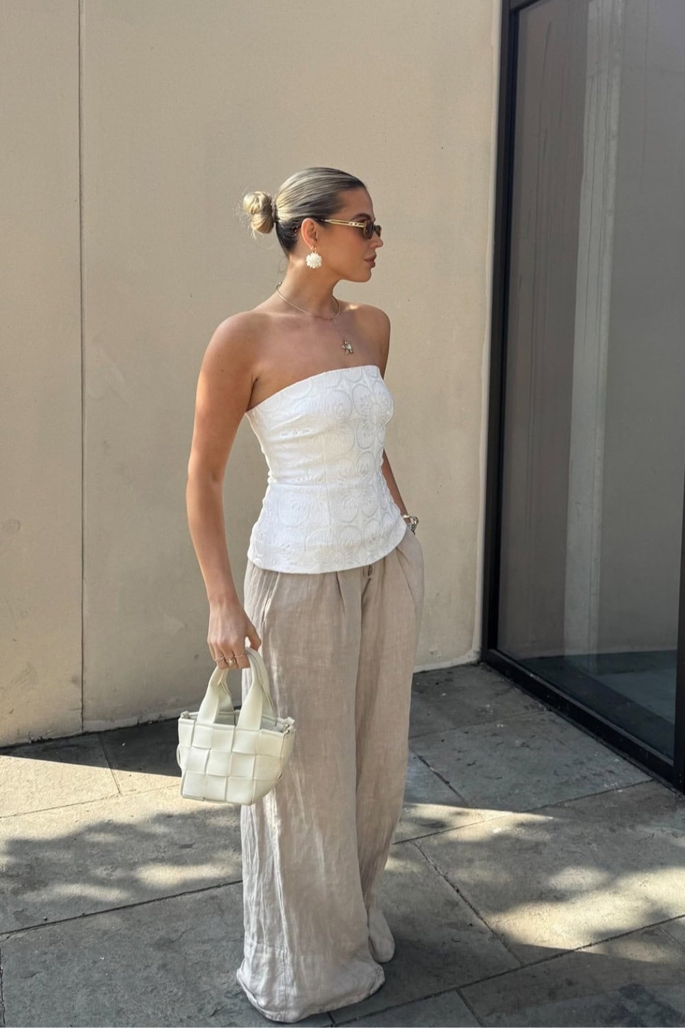 White Strapless Top and Linen Pants
