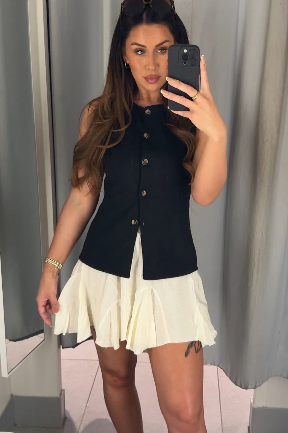 Navy Top and Cream Pleated Skirt