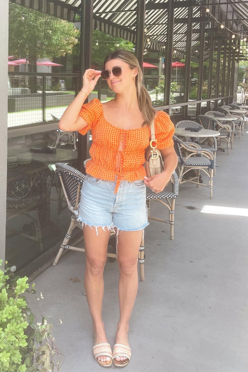 Orange Gingham Top and Denim Shorts