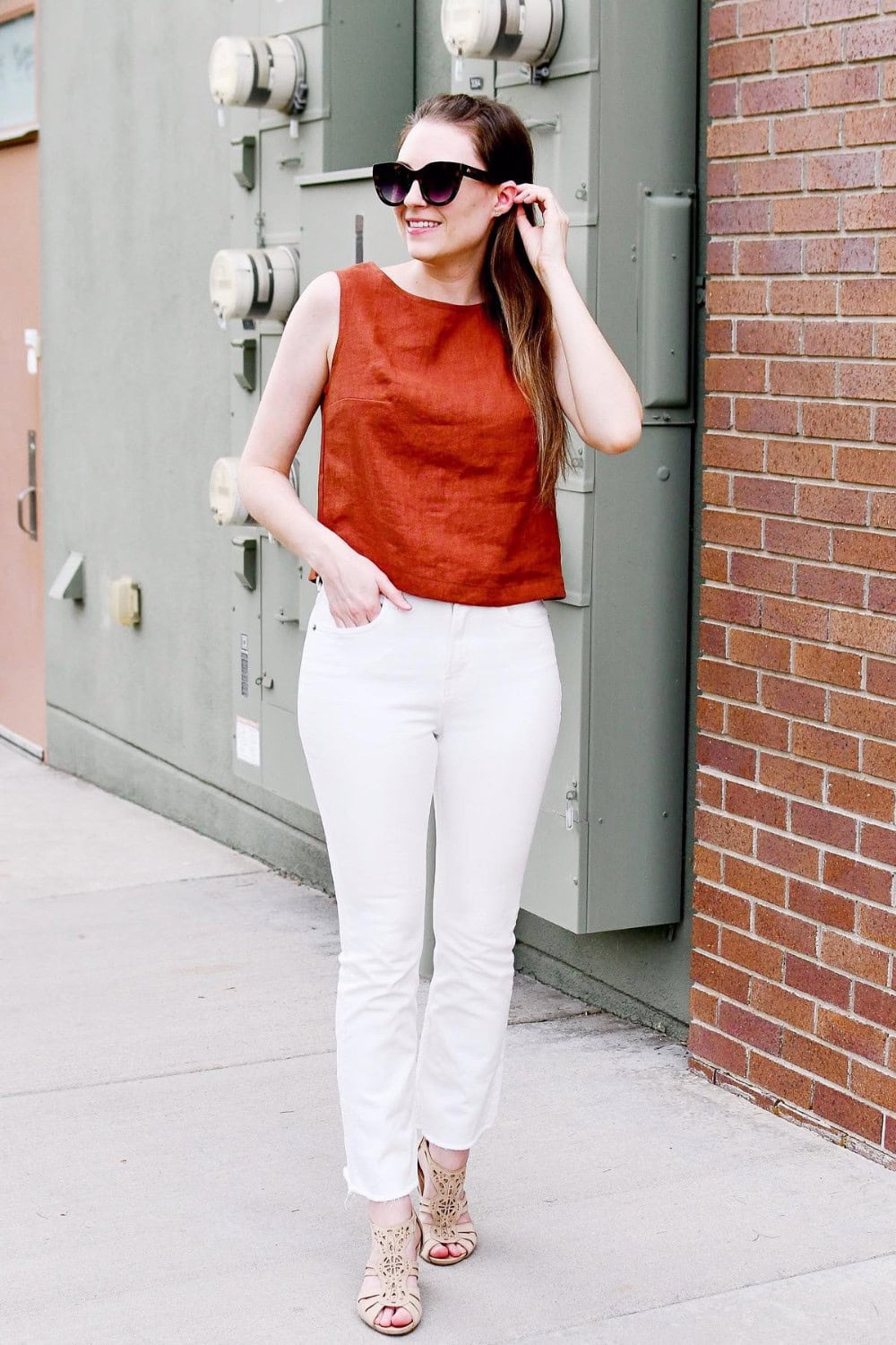 Rust Top and White Pants