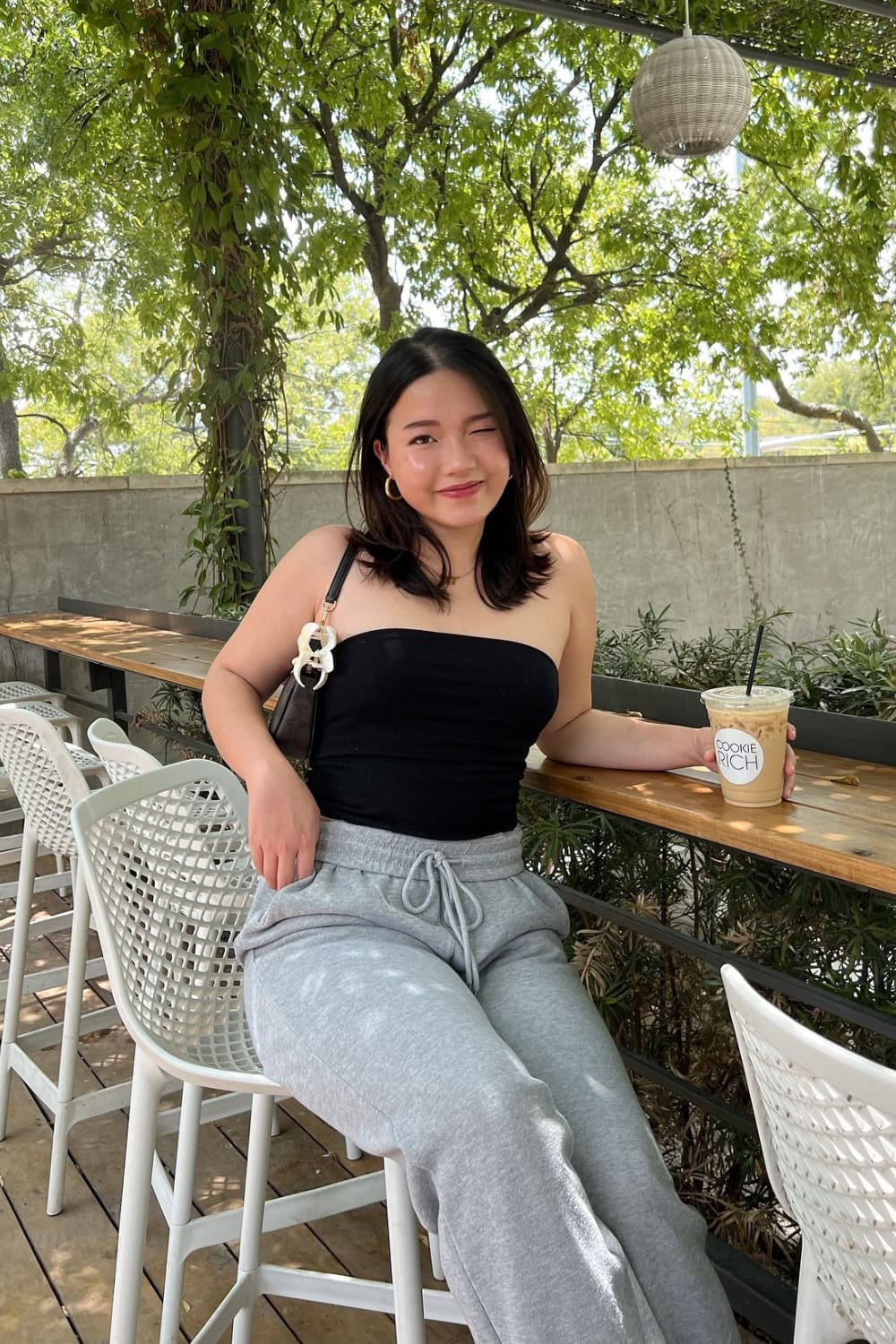 Black Bandeau and Gray Sweatpants