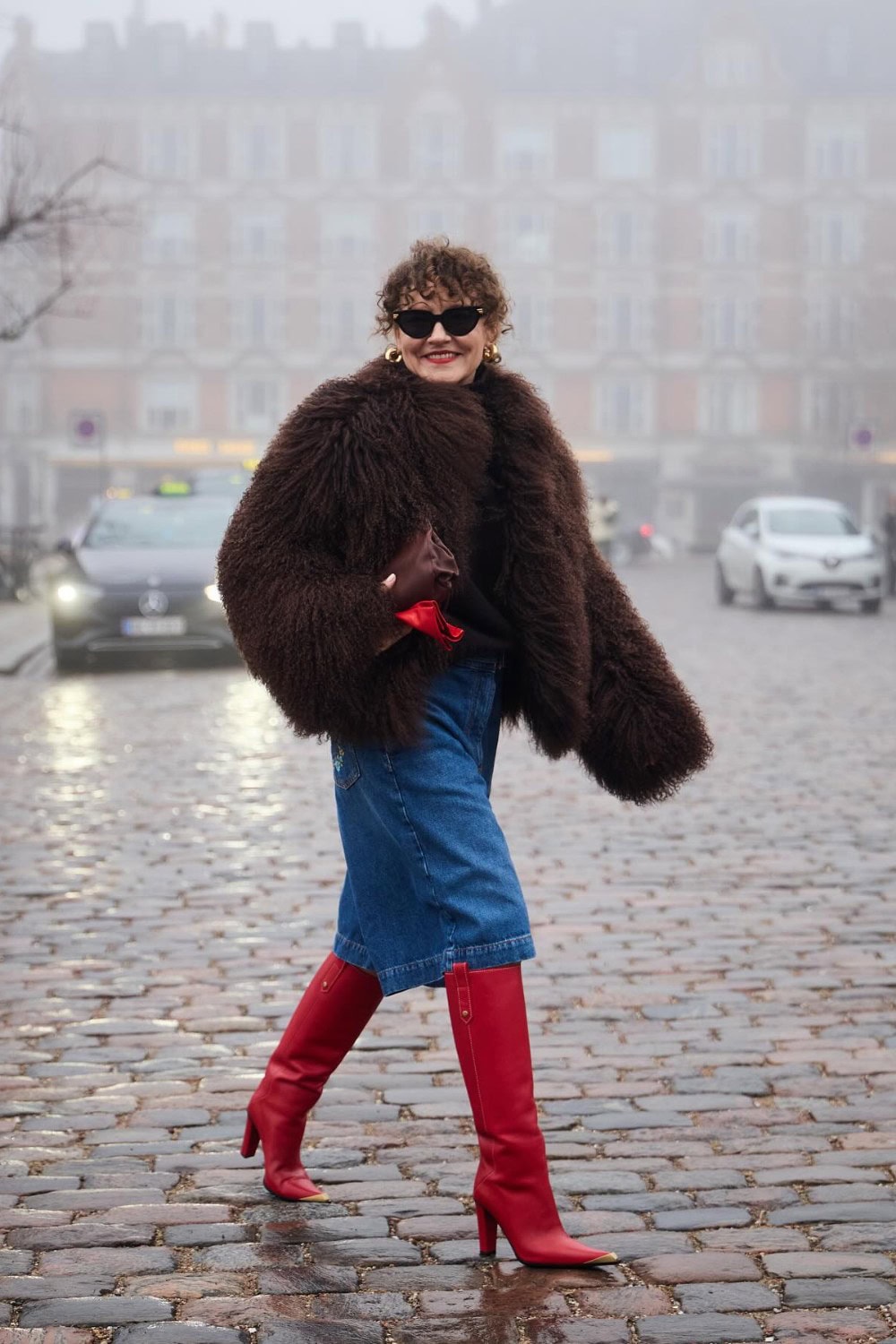 Faux Fur Coat and Denim Bermuda Shorts