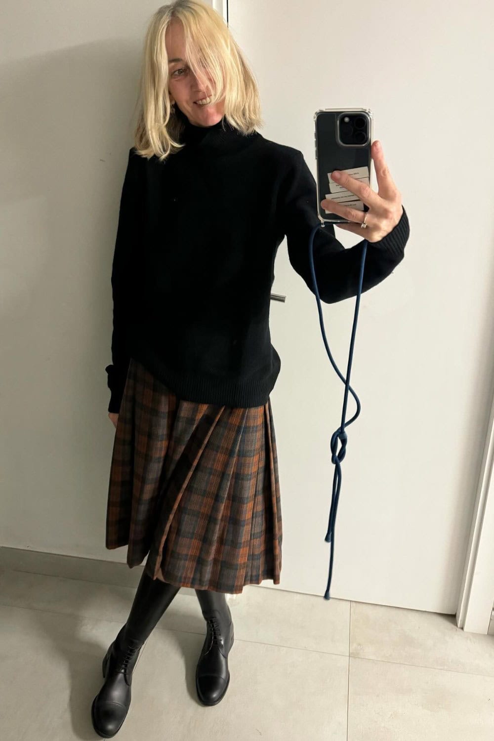 Turtleneck Sweater and Plaid Midi Skirt
