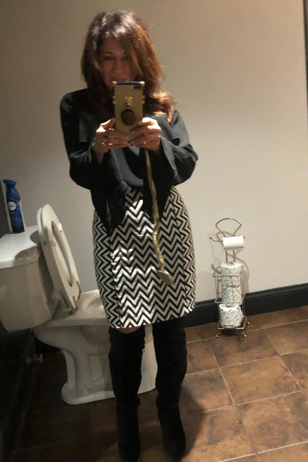 Black Leather Jacket and Zigzag Print Skirt