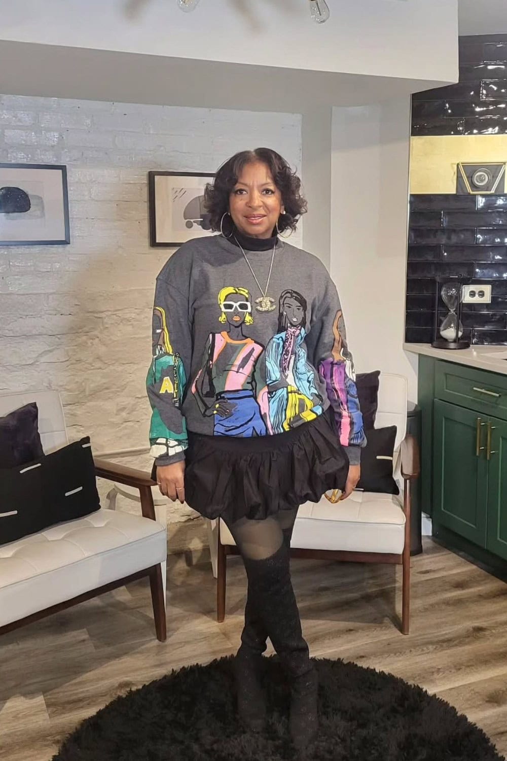 Graphic Sweatshirt and Ruffle Mini Skirt