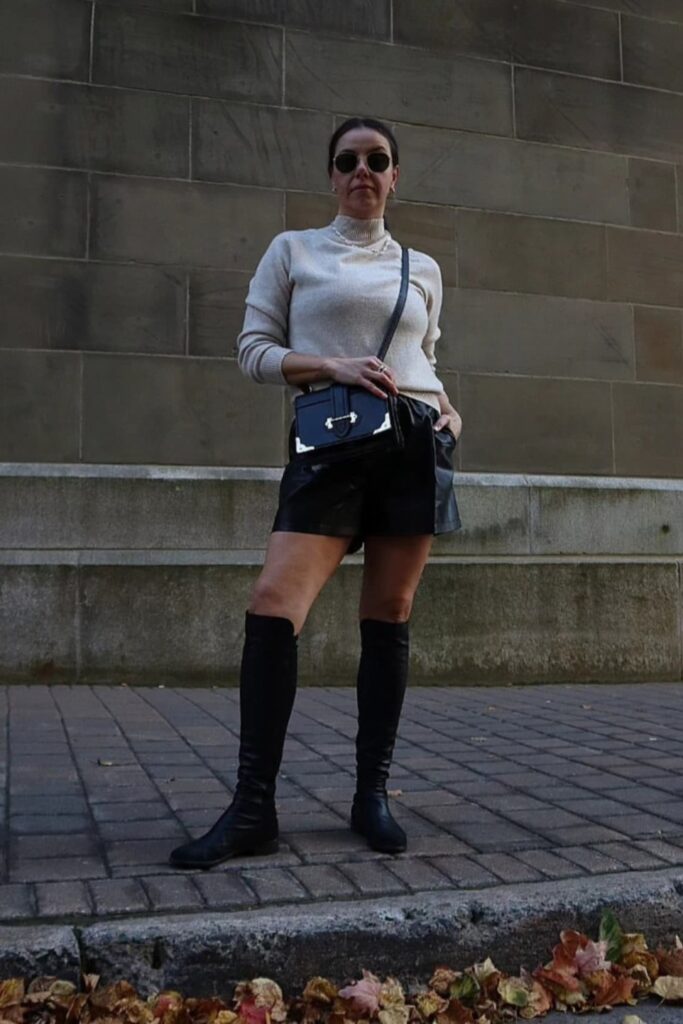 Turtleneck Sweater and Leather Mini Shorts