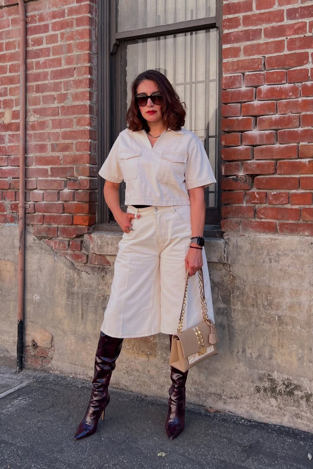 White Cropped Utility Shirt and Denim Bermuda Shorts