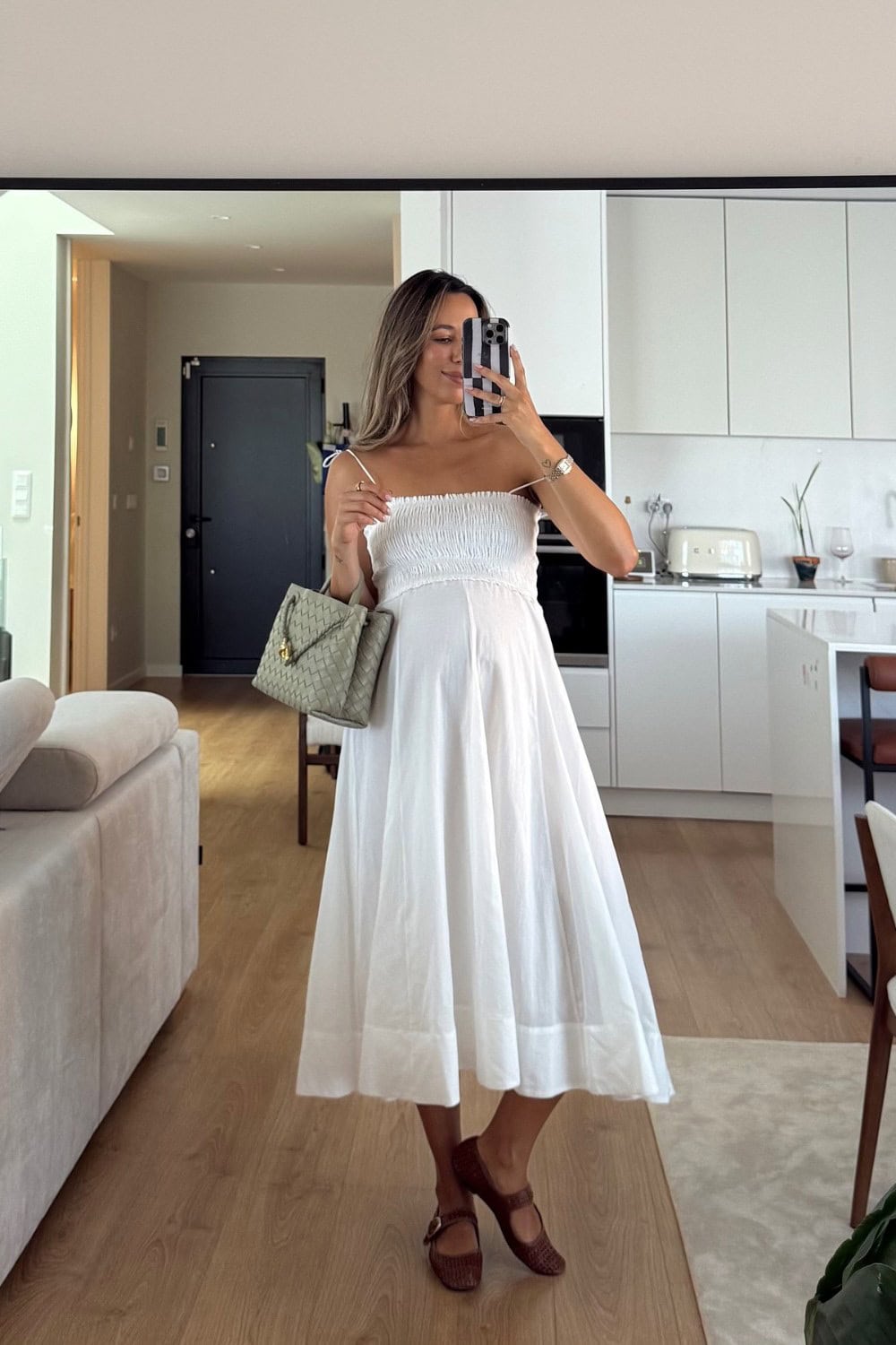 White Smocked Midi Dress