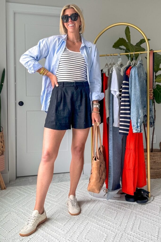 Striped Tank, Button-Down, and Navy Shorts