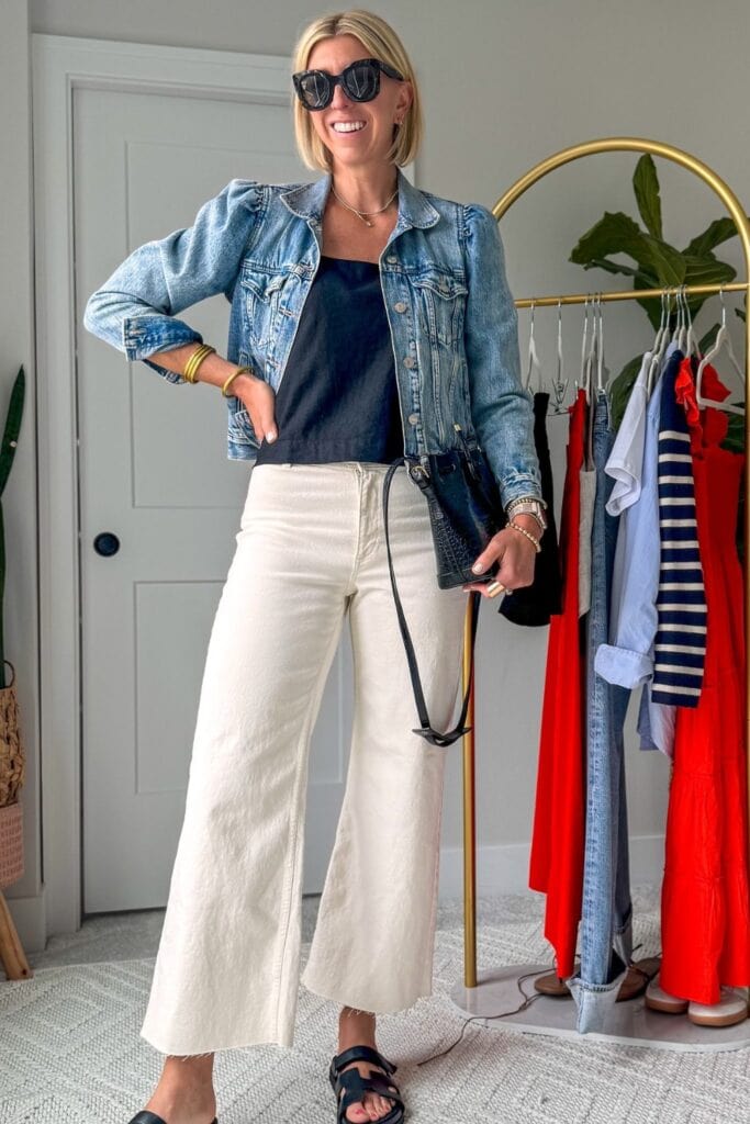Denim Jacket and White Wide-Leg Jeans
