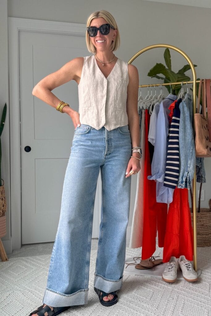 White Vest and Wide-Leg Jeans