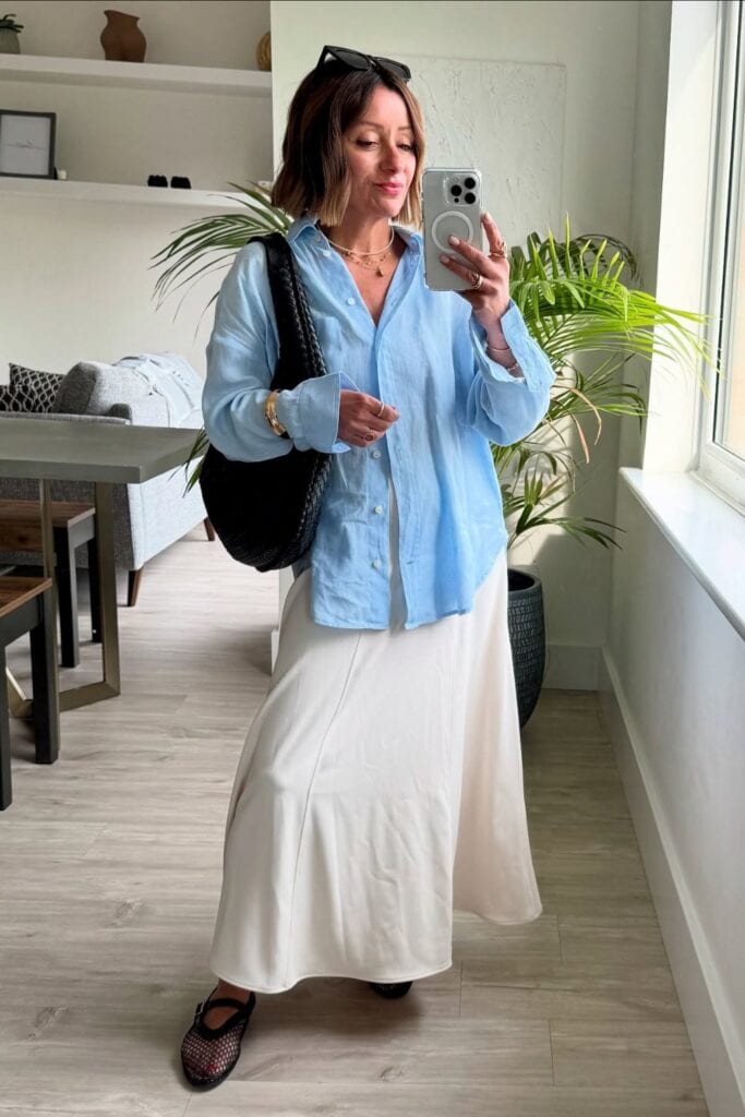Blue Shirt and White Maxi Skirt