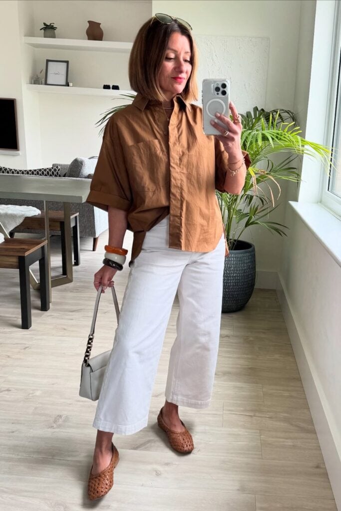 Camel Shirt and White Cropped Pants