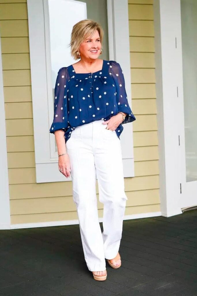 Polka Dot Blouse and White Pants