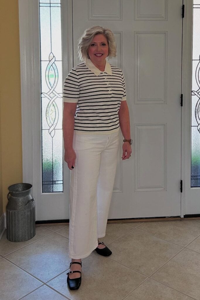 Striped Polo and White Linen Pants