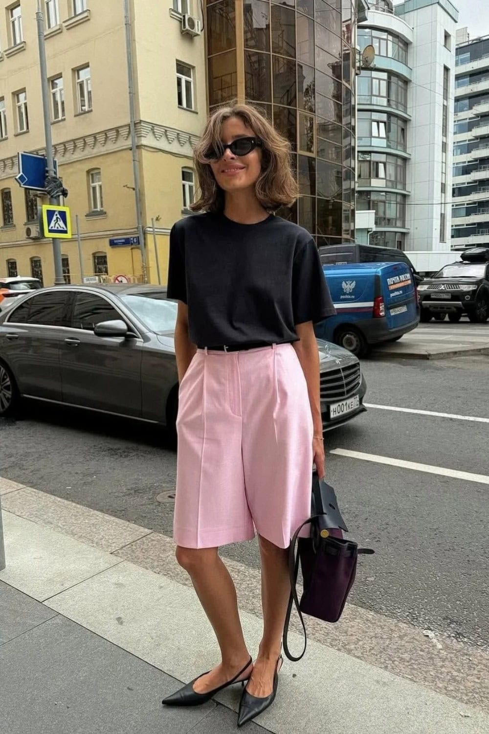 Black T-Shirt and Pink Bermuda Shorts