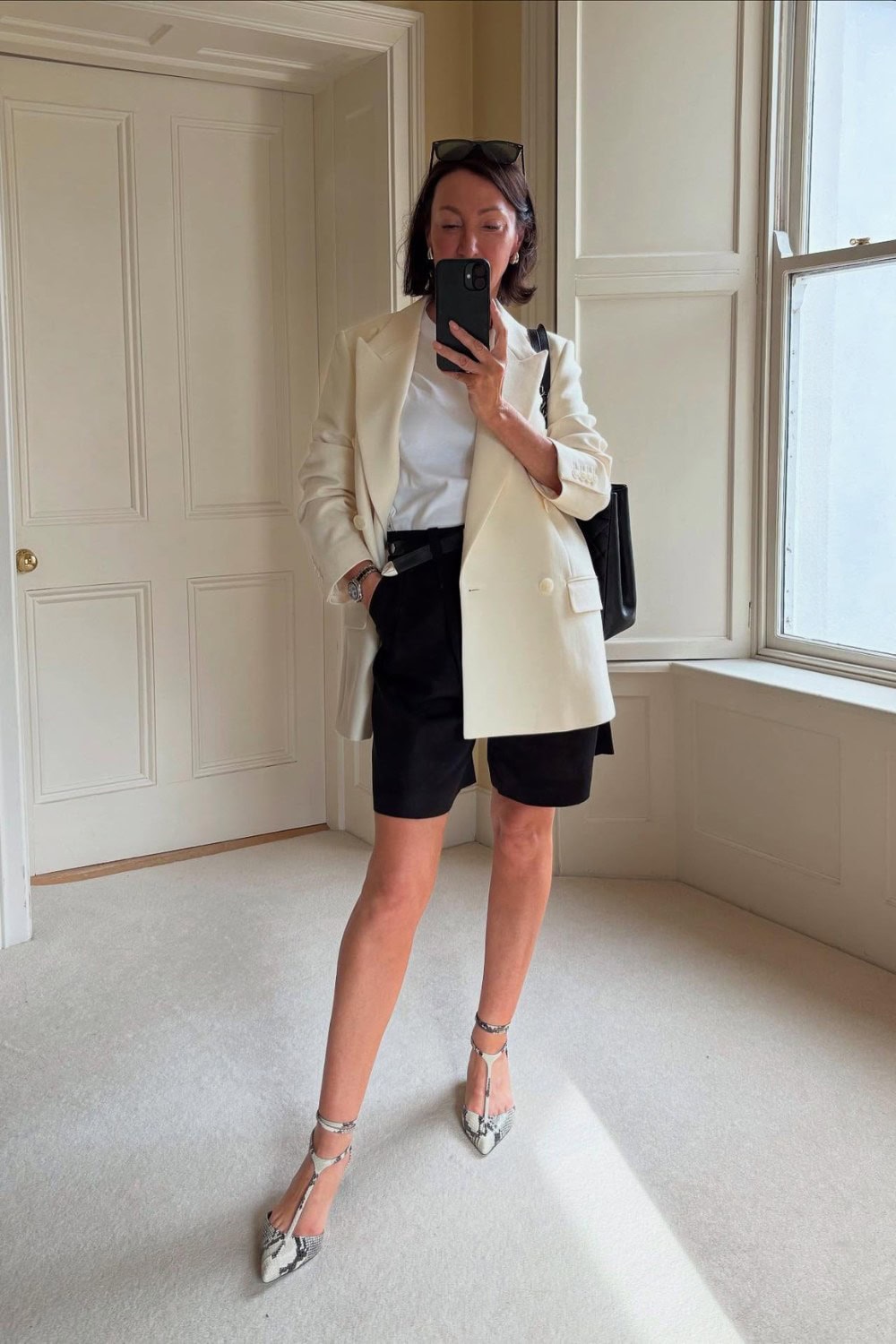 Double-Breasted Blazer and Black Shorts