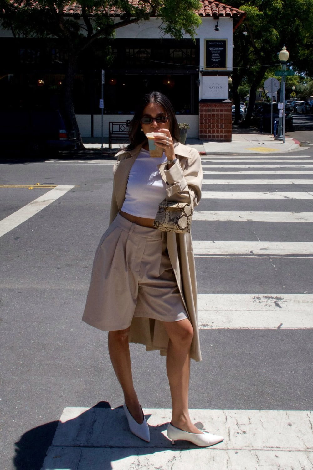 White Crop Top and Beige Shorts
