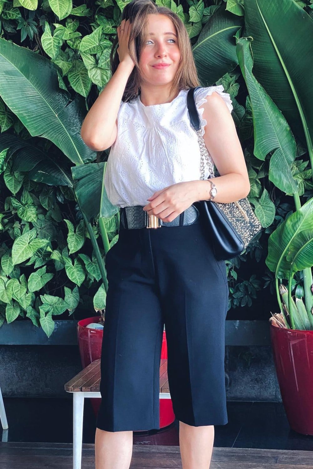 White Eyelet Top and Black Shorts