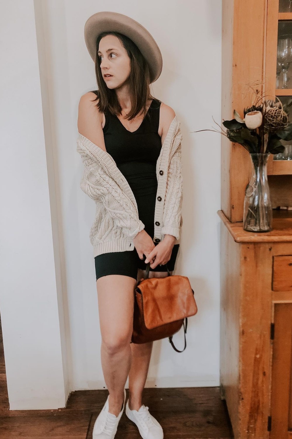White Cable Knit Cardigan and Sneakers