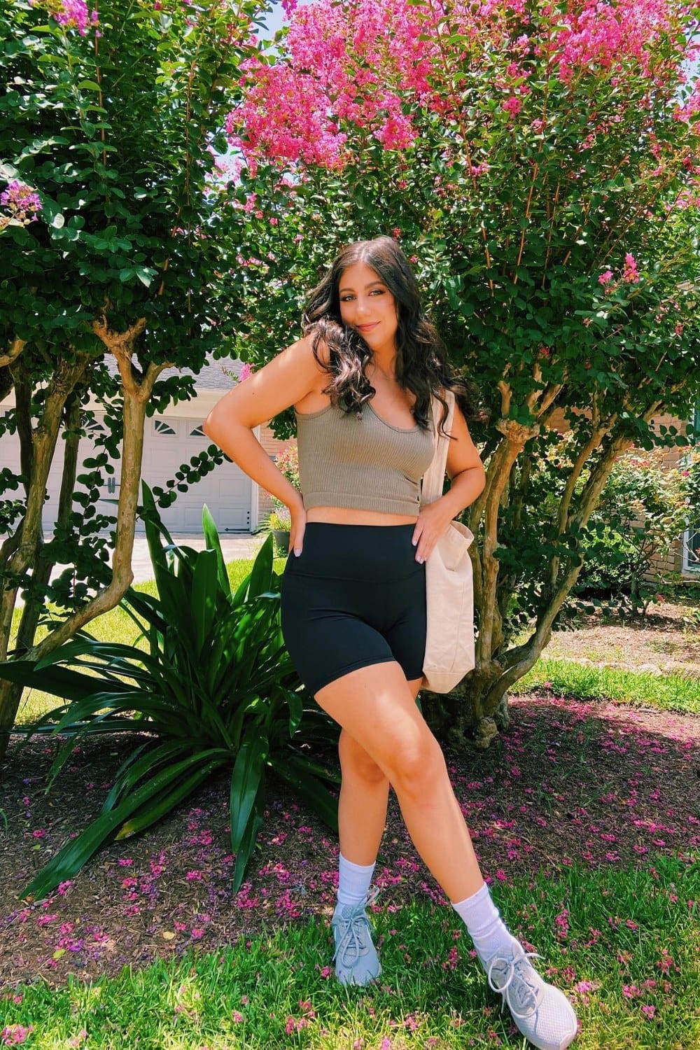 Olive Green Crop Top and White Sneakers