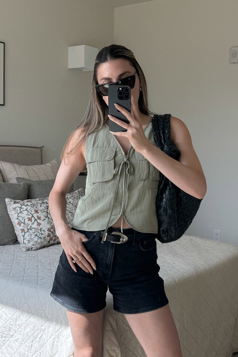 Utility Vest and Black Denim Shorts