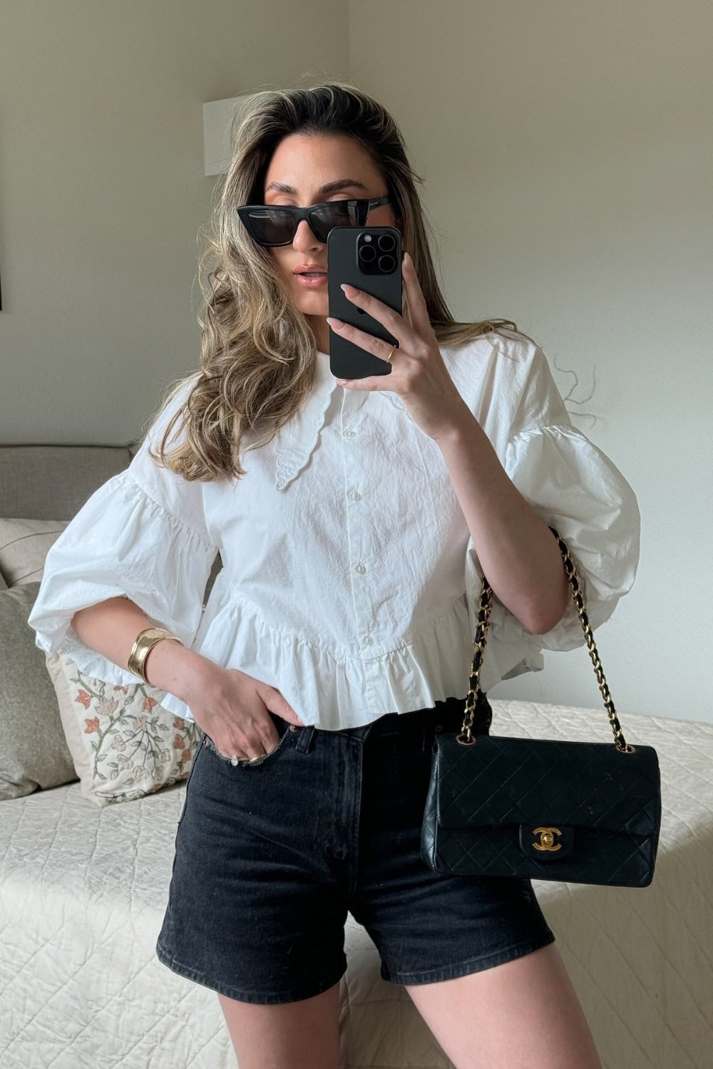 White Puff-Sleeve Blouse and Black Denim Shorts
