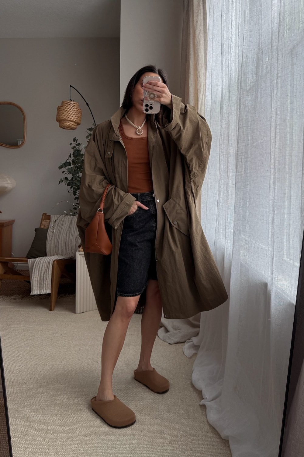 Olive Green Oversized Coat and Black Denim Shorts