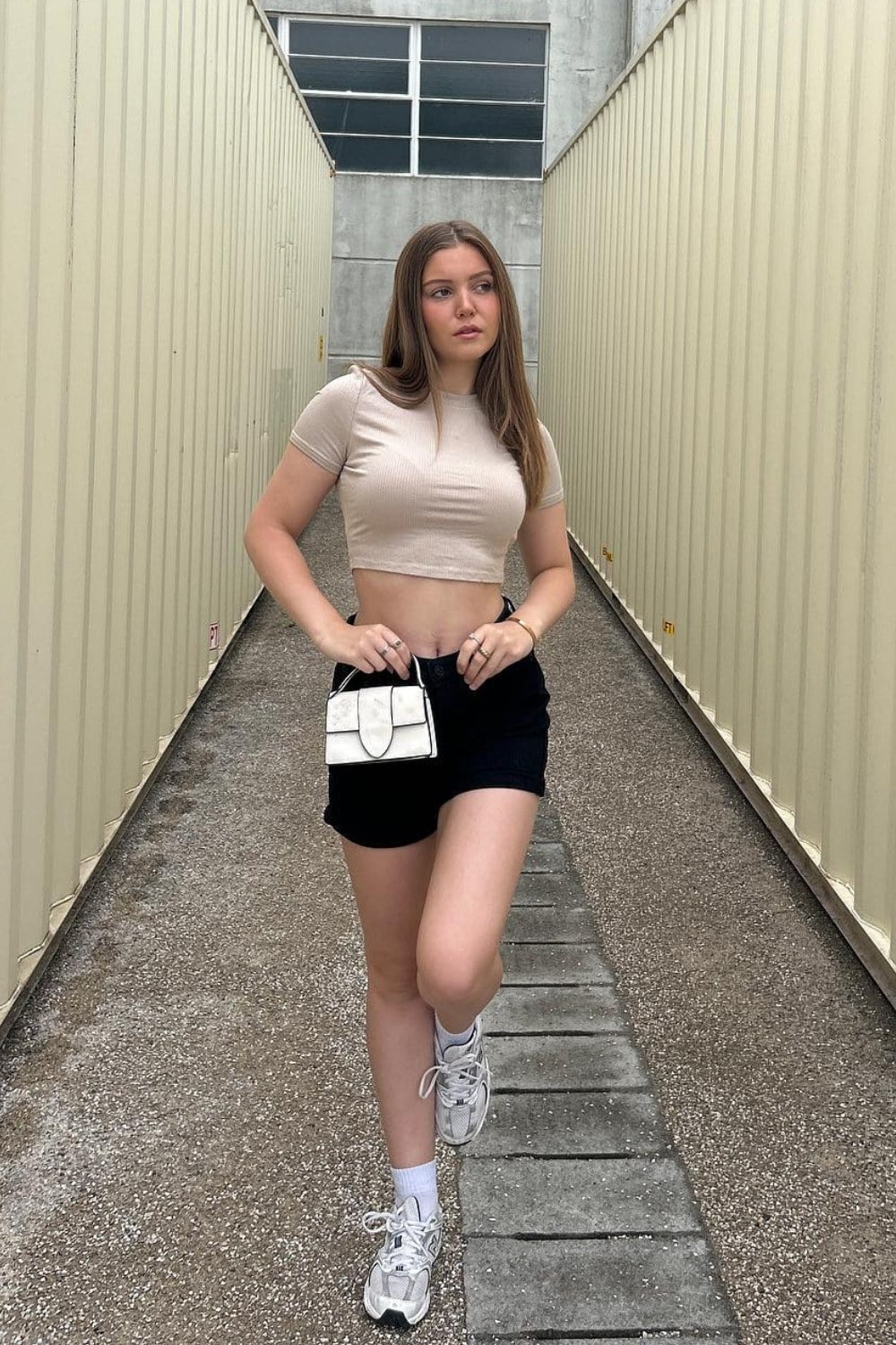 Beige Crop Top and Black Mini Shorts