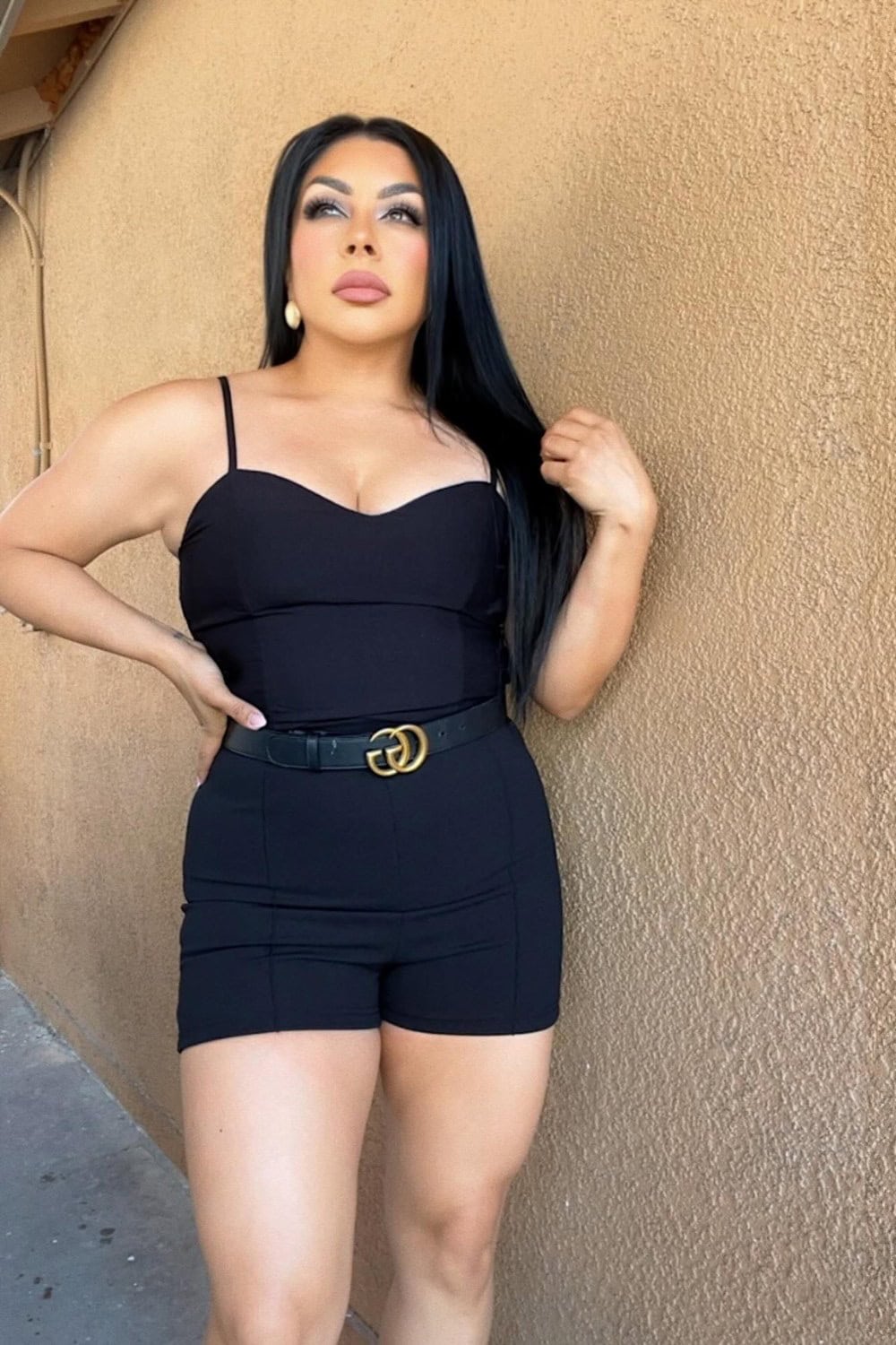 Black Bustier Top and Black High-Waisted Shorts