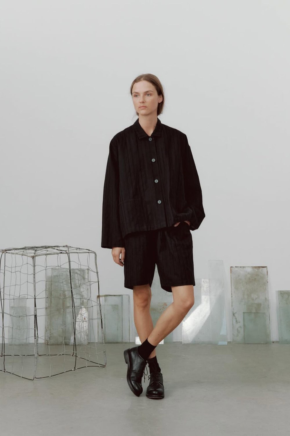 Black Oversized Button-Up Shirt and Black Shorts