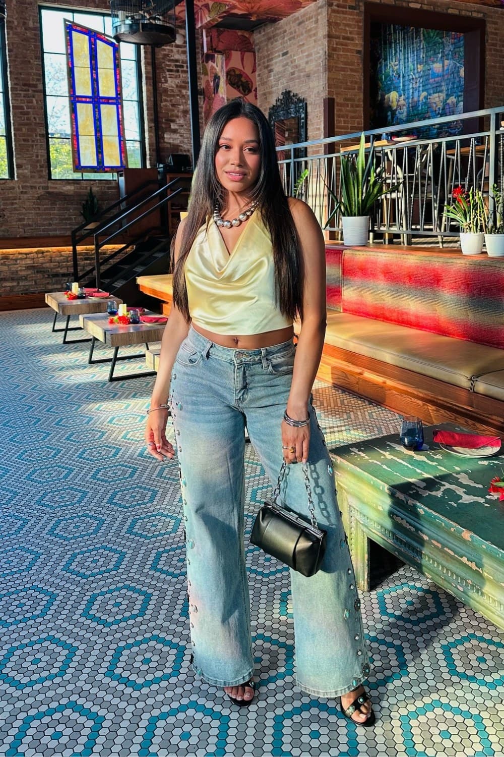 Cowl Neck Crop Top and Wide-Leg Jeans