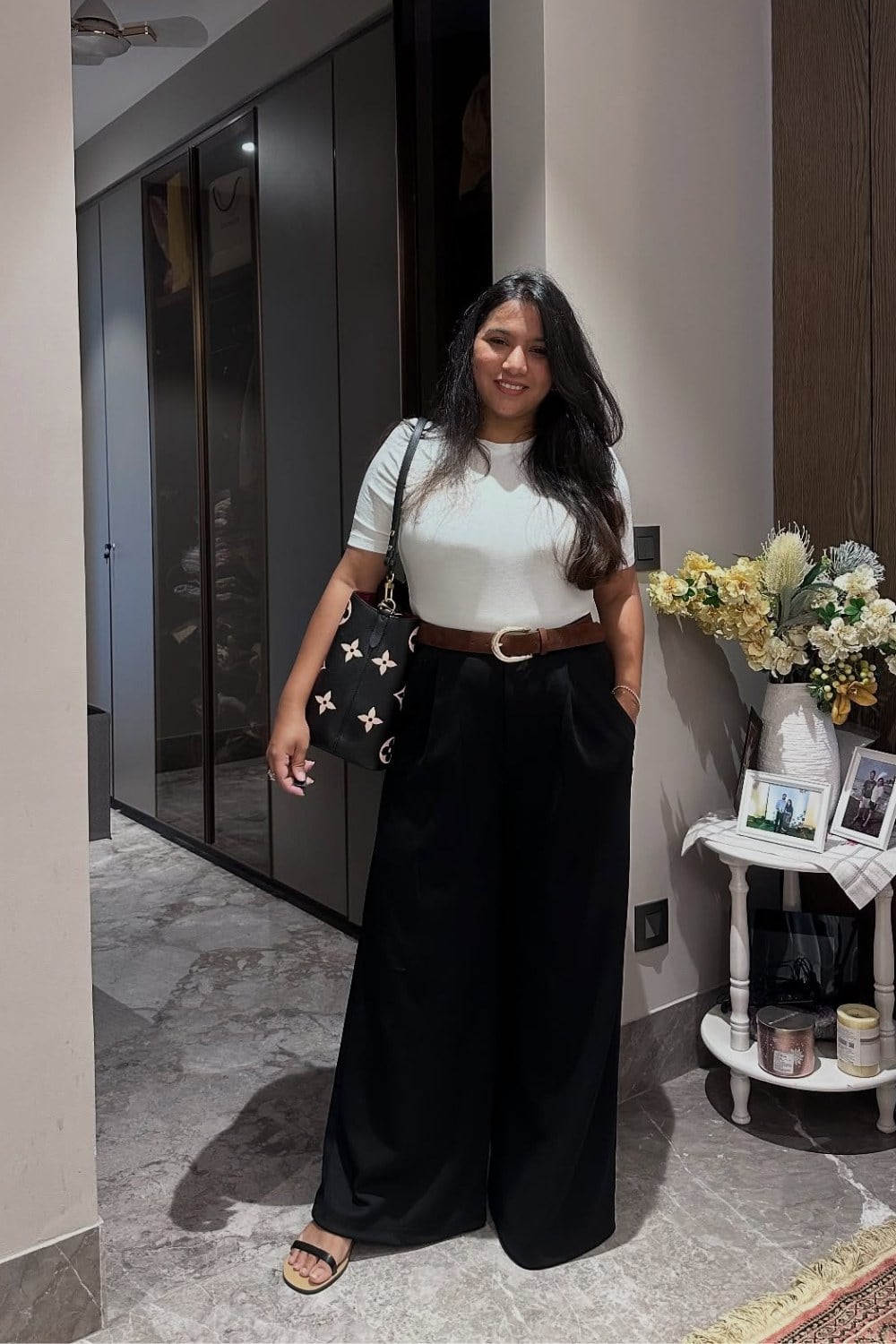 White T-Shirt and Black Wide-Leg Pants