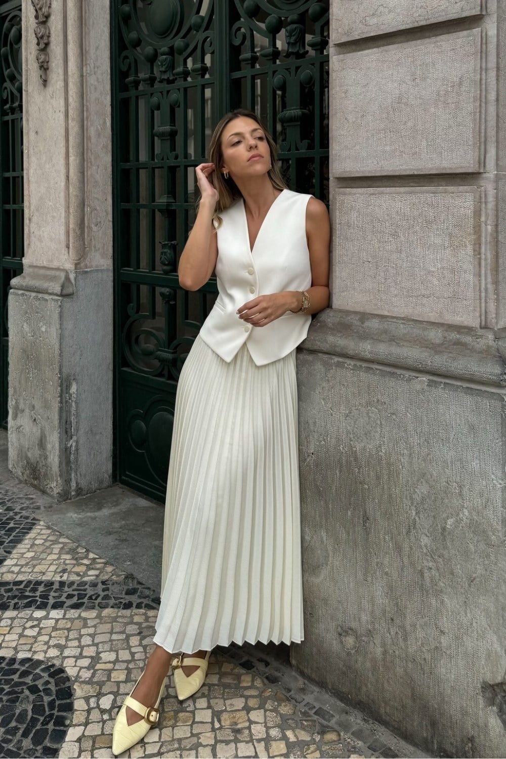 Sleeveless Vest Top and Pleated Midi Skirt