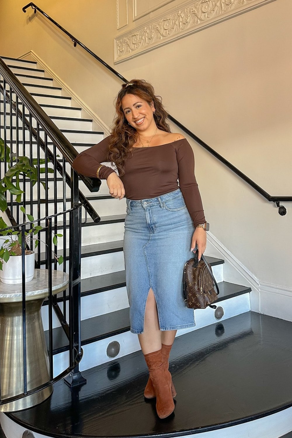 Off-Shoulder Top and Denim Midi Skirt