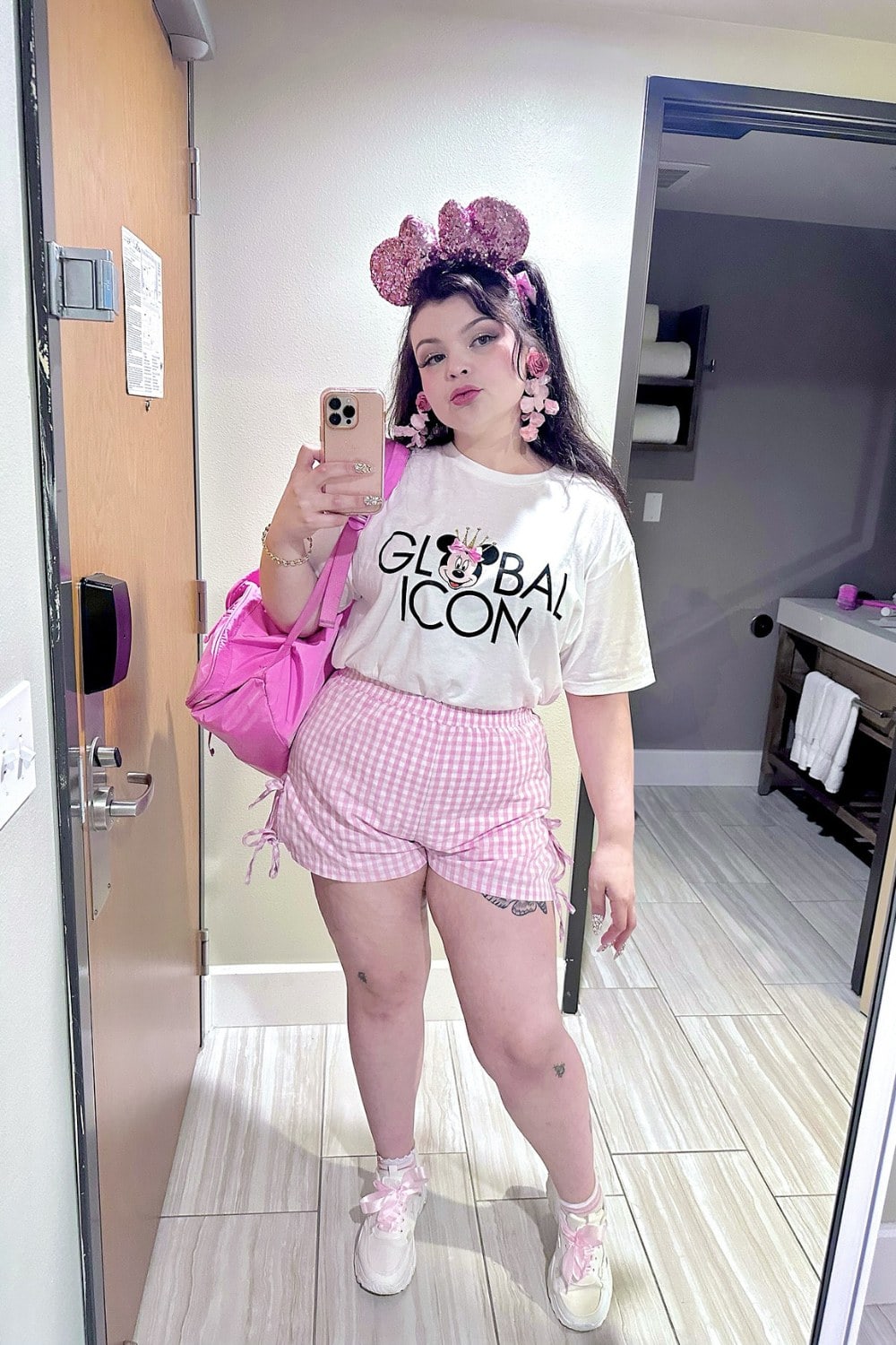 White Graphic T-Shirt and Pink Gingham Shorts
