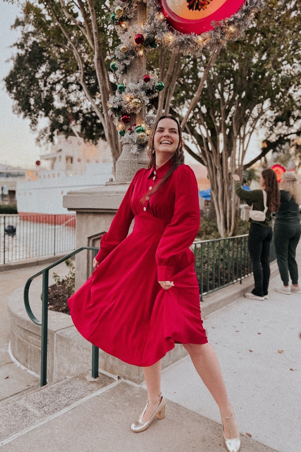 Red Long-Sleeve Midi Dress and Block Heels