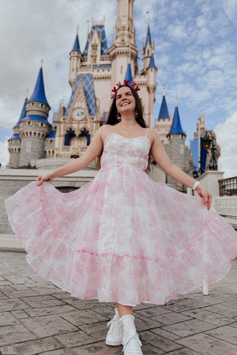 Pink Tulle Midi Dress and Sneakers