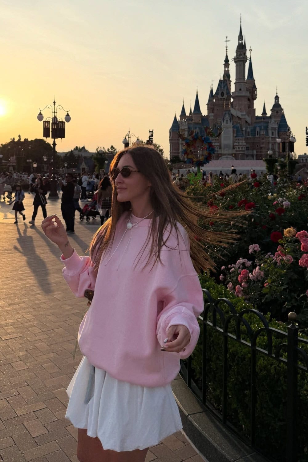 Pink Oversized Sweatshirt and White Pleated Skirt