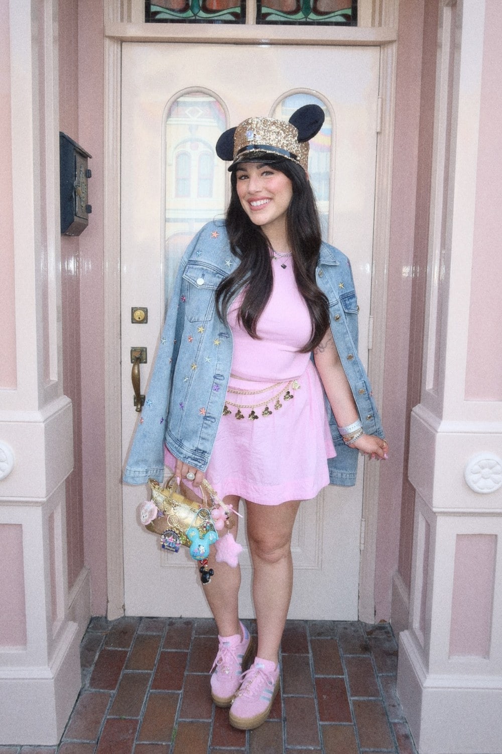 Pink Mini Dress and Star Embellished Denim Jacket