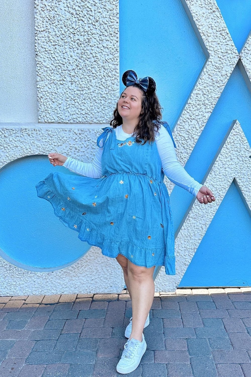 White Long-Sleeve Shirt and Blue Overall Dress