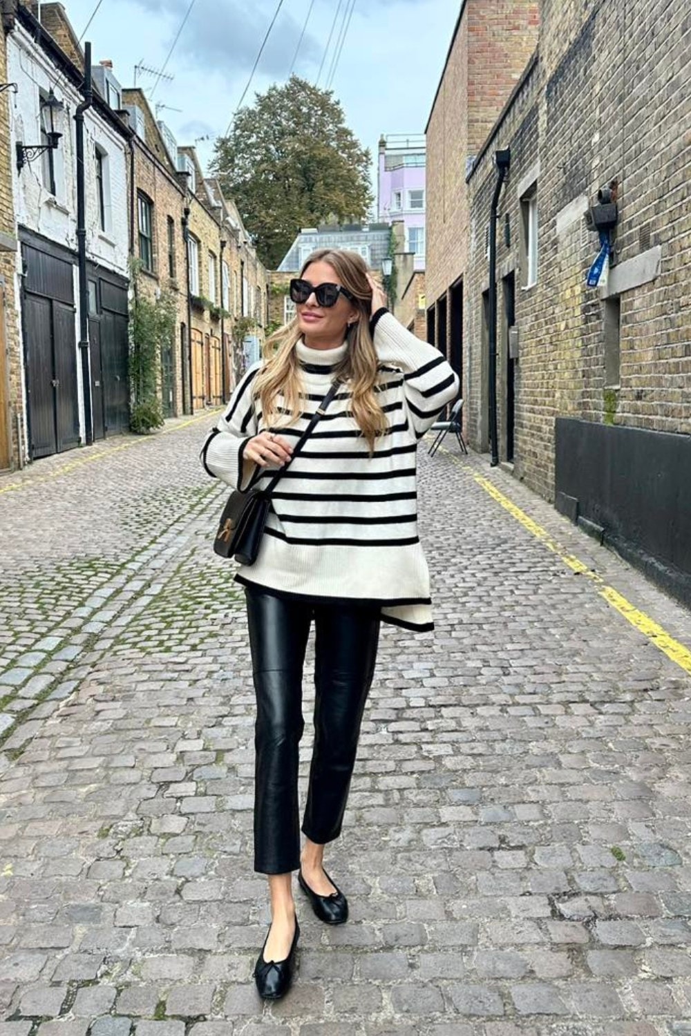 White Striped Sweater and Leather Pants
