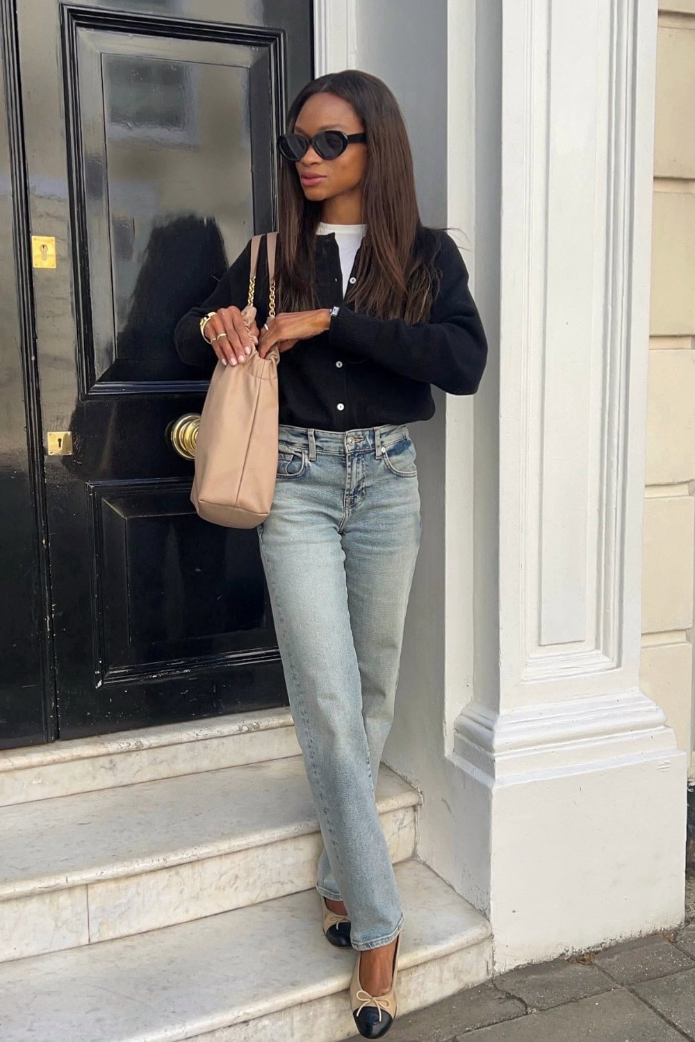 Black Cardigan and Light Wash Jeans