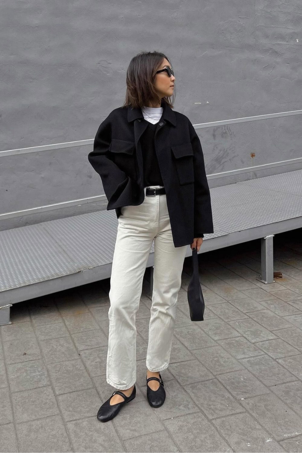 Oversized Black Jacket and White Wide-Leg Pants