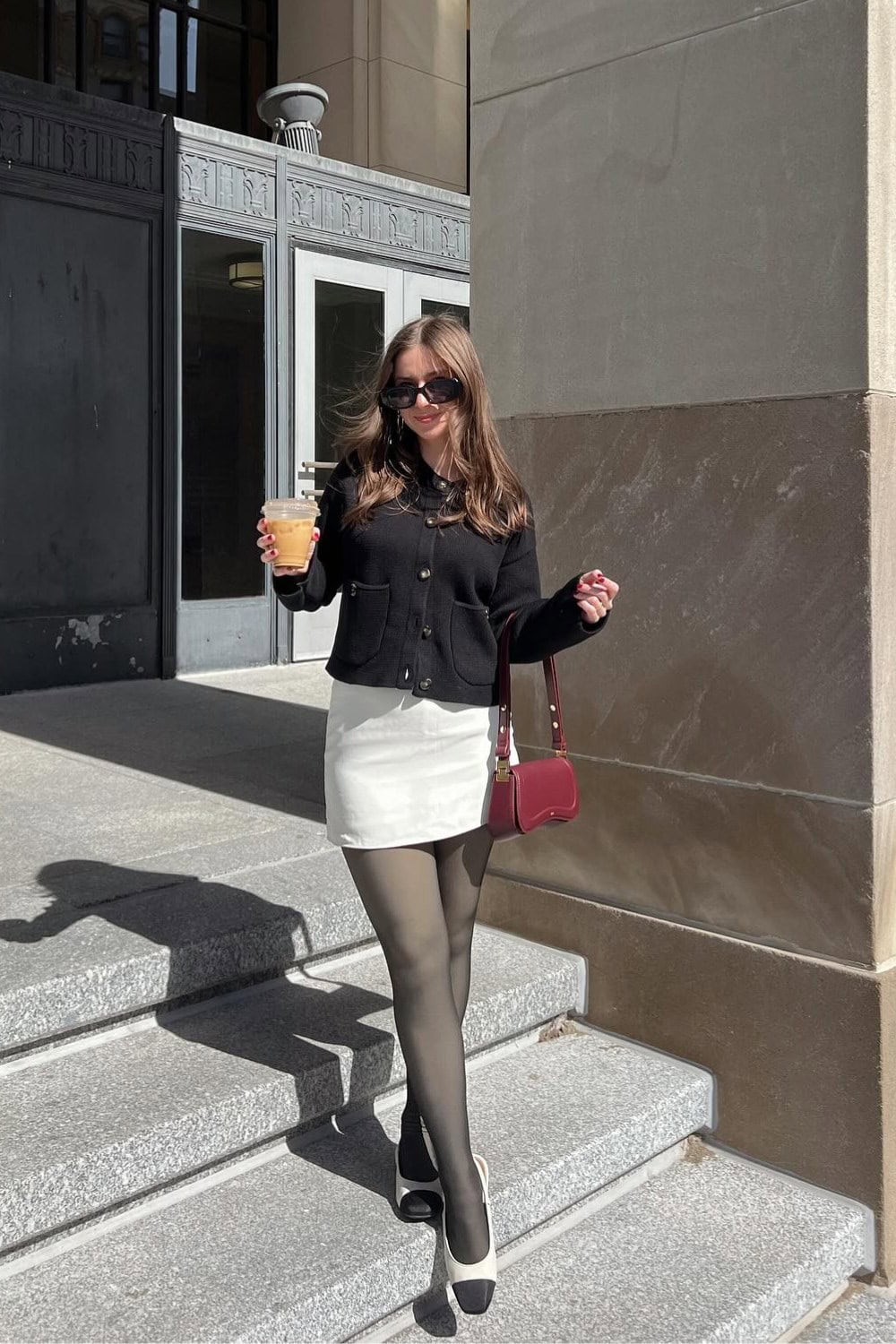 Black Cropped Jacket and White Mini Skirt