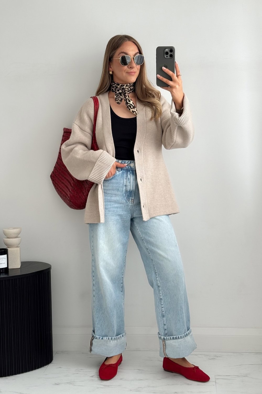Beige Cardigan and Wide-Leg Jeans