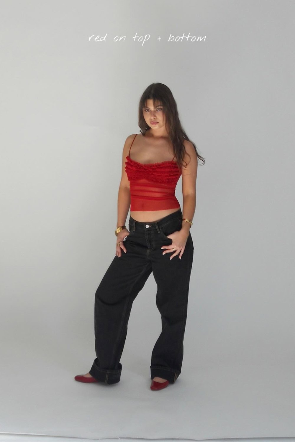 Red Ruched Crop Top and Wide-Leg Jeans