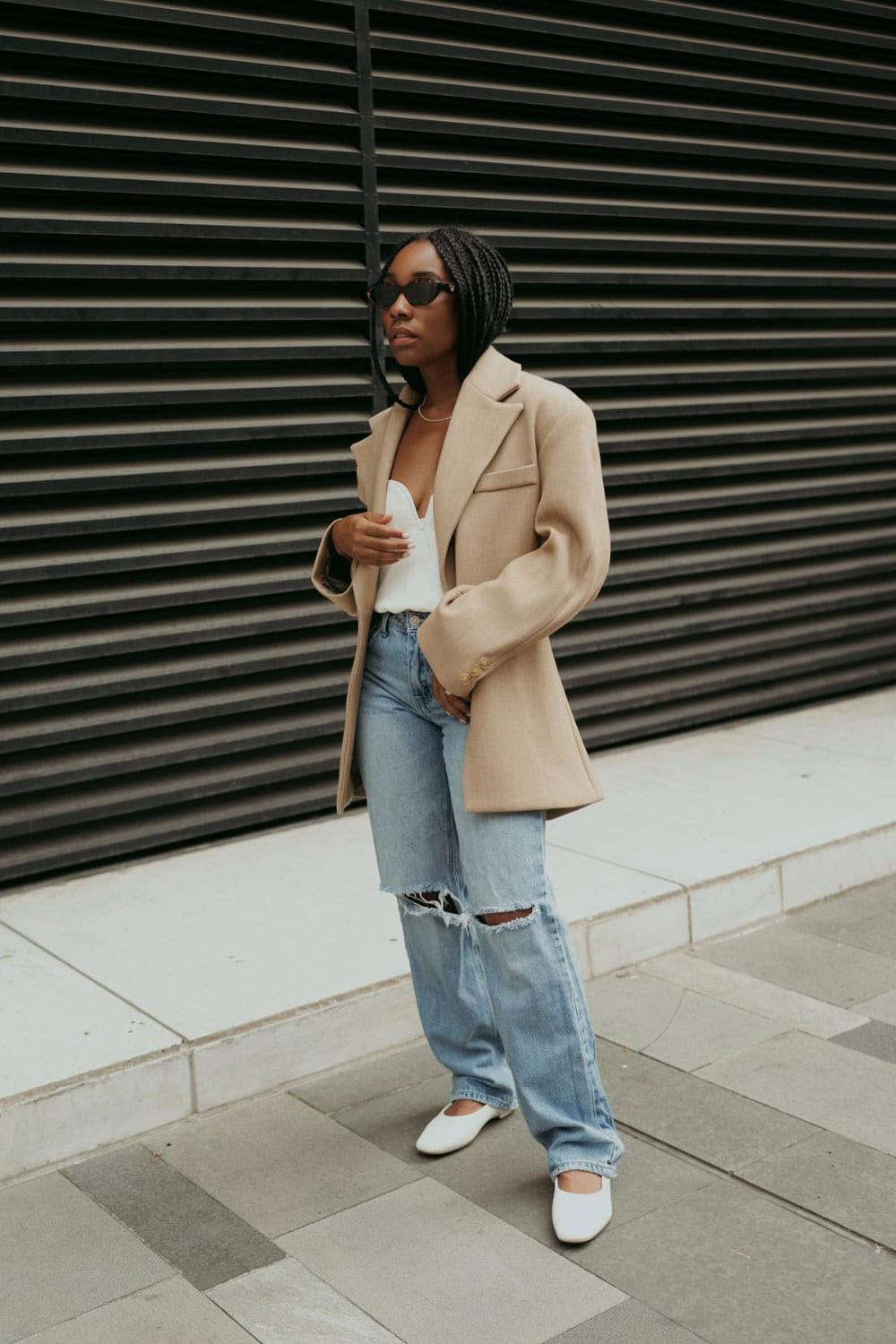 Beige Oversized Blazer and Distressed Jeans